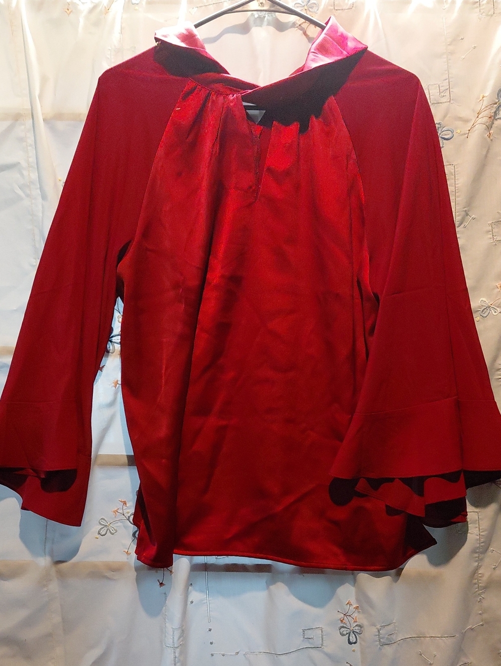 IMAN Red Satin Bell-Sleeve Blouse